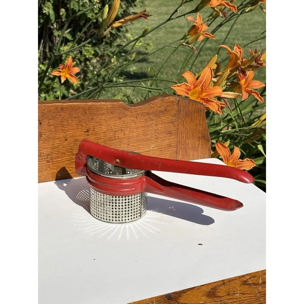 Vintage Potato Ricer Hand Press Kitchen RED Metal Home Farm Decor, 1950's